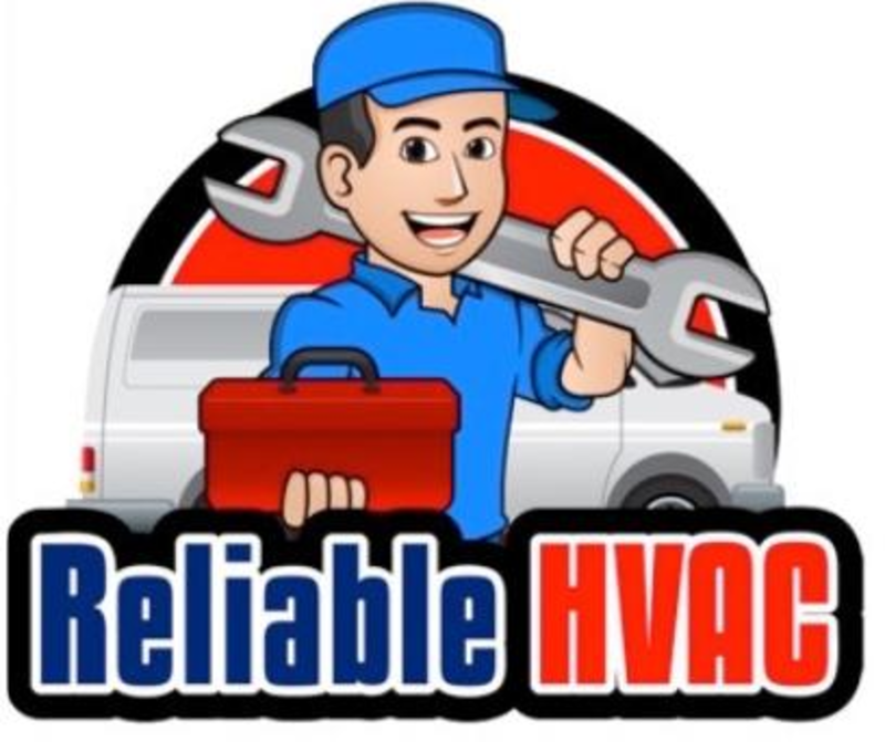 Reliable HVAC logo showing a technician holding a wrench and toolbox in front of a service van