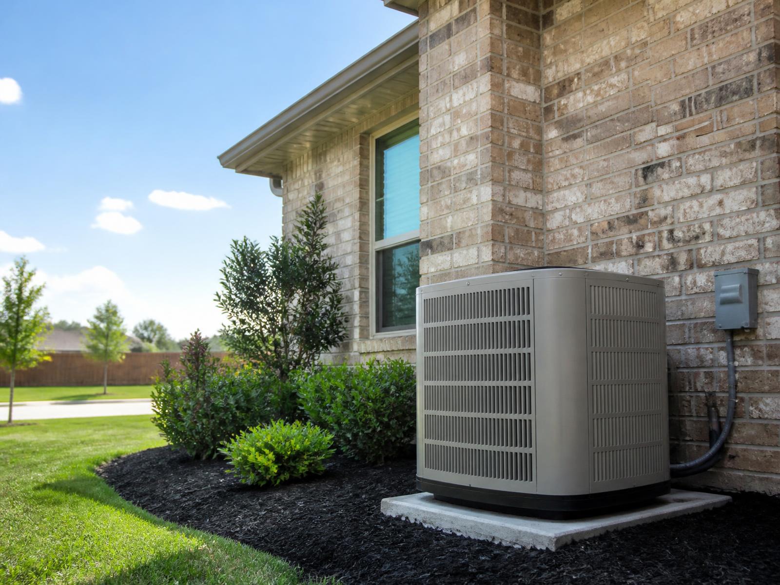 Outdoor residential air-conditioning condenser unit beside a brick home in the Sugar Land area